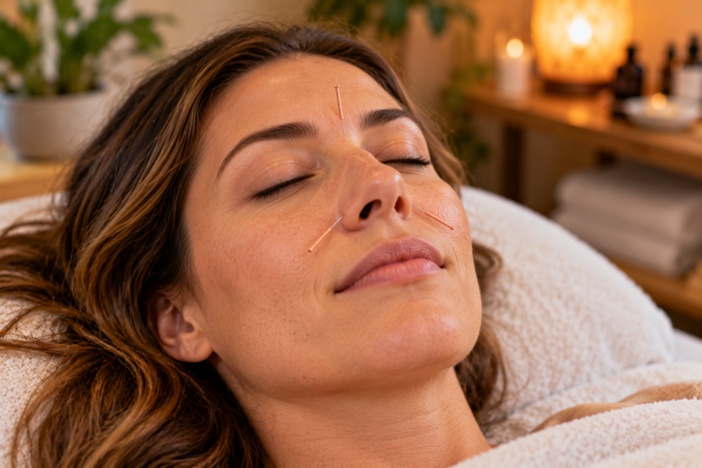 Relaxed patient with fine acupuncture needles beside the nostrils and between the eyebrows.