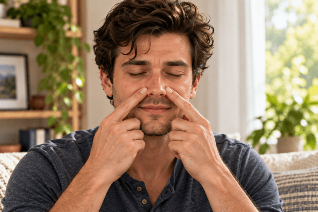 Person pressing the points beside the nostrils with fingertips to relieve allergy congestion.
