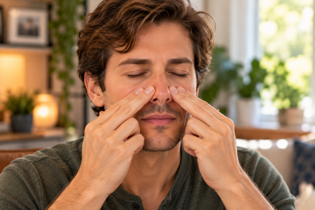 Person gently stroking along both sides of the nose with the fingertips, eyes closed.