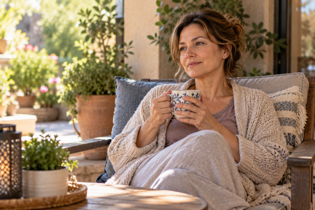 Woman sitting comfortably on a shaded patio with a cup of tea, calm and content.