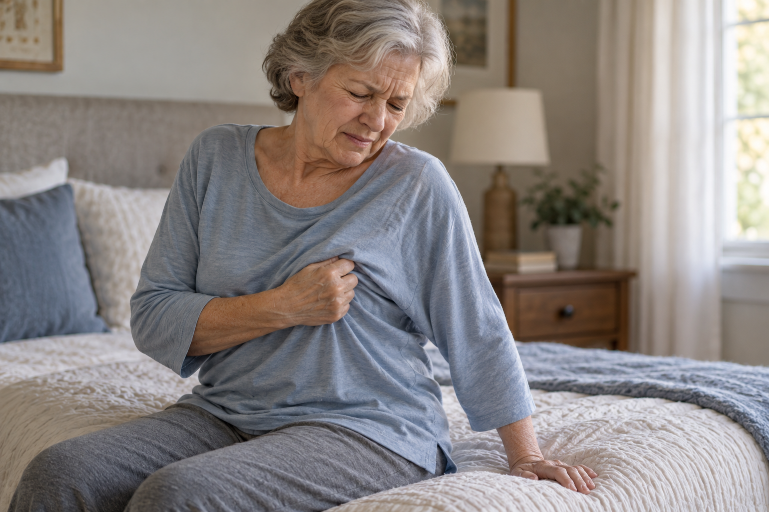 Older adult on the edge of a bed holding a soft shirt away from one side of the torso, wincing.