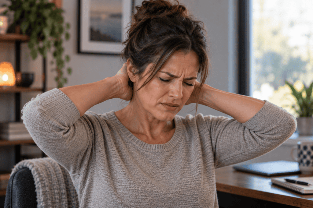 Person holding the back of the head and upper neck with a pained expression from occipital neuralgia.