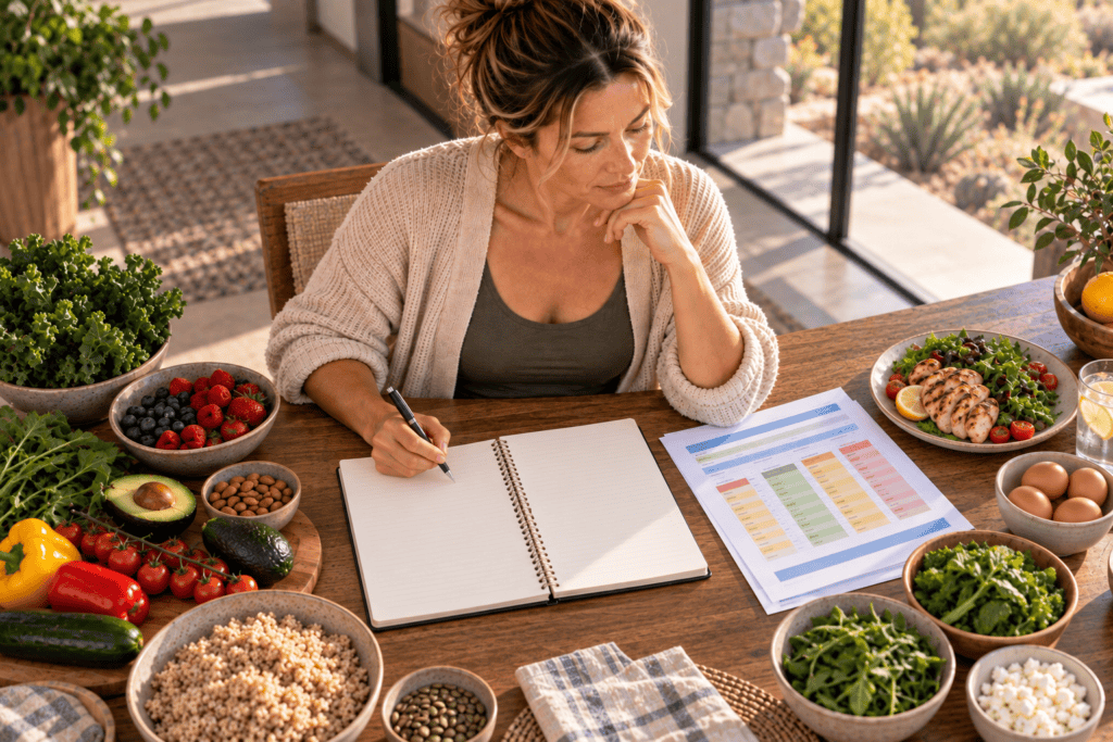 Woman using food sensitivity results to help plan personalized meals.