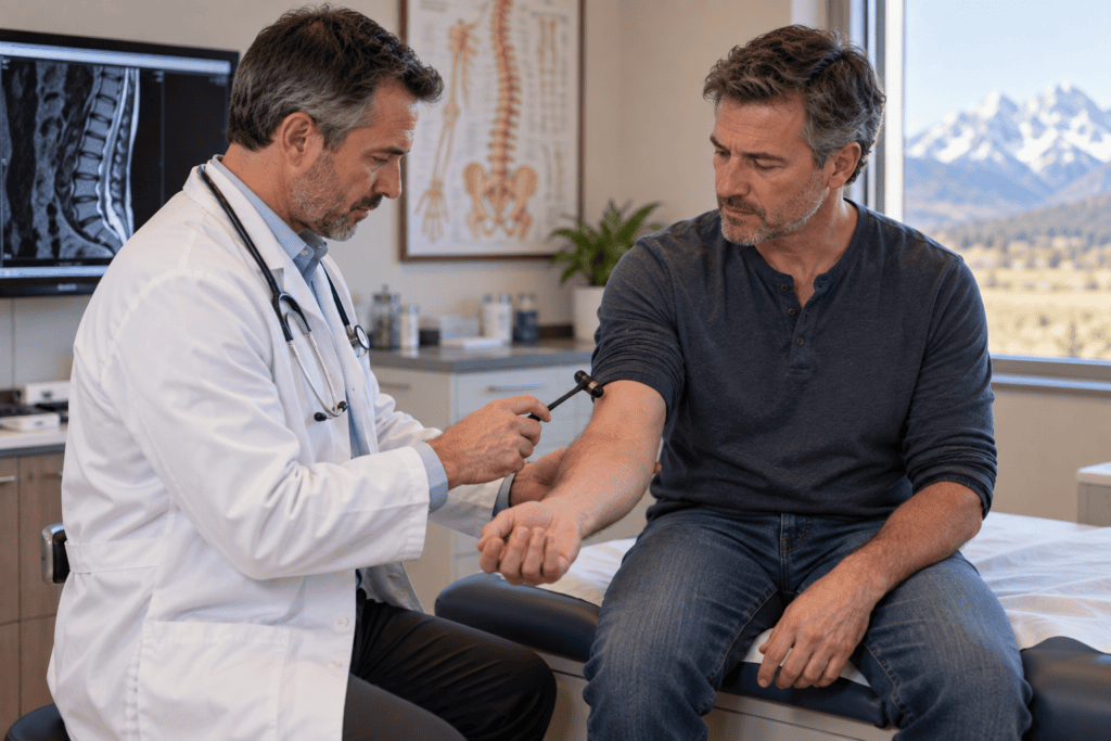 Physician testing a seated patient's arm strength and reflexes in a bright exam room.