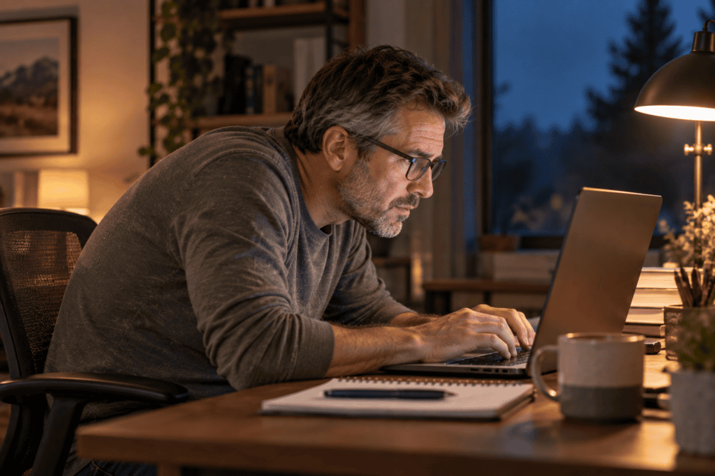 Person hunched over a laptop with a forward head and rounded shoulders, looking tired.