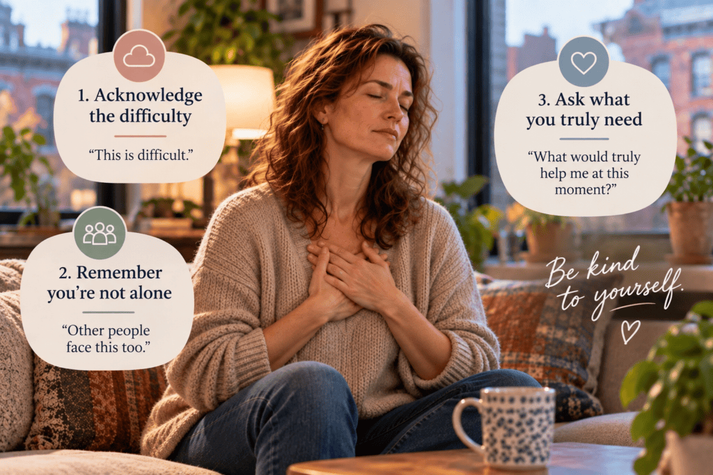 Woman sitting peacefully with her hands over her heart beside reminders to acknowledge difficulty, recognize shared struggles, and ask what would truly help.