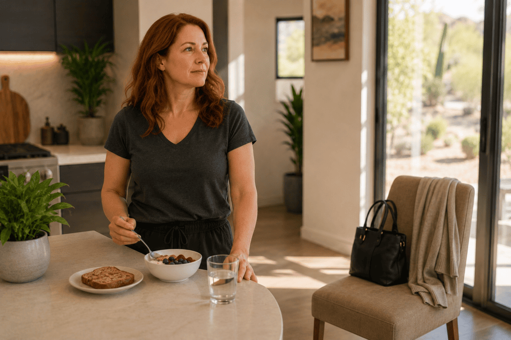 Woman eating a light breakfast while preparing to leave for her first acupuncture appointment.