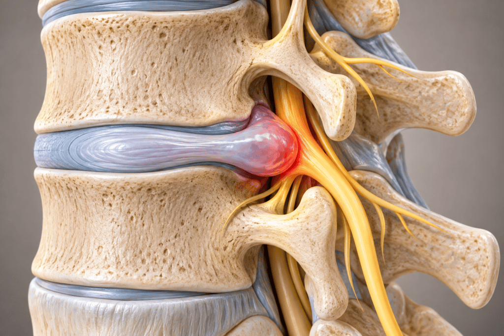 Medical illustration of a bulging spinal disc pressing on a nerve root between two vertebrae.