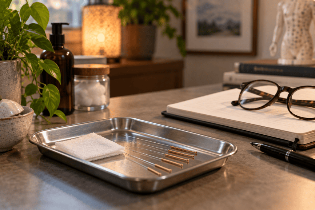 Fine acupuncture needles on a clean tray beside a journal and reading glasses.