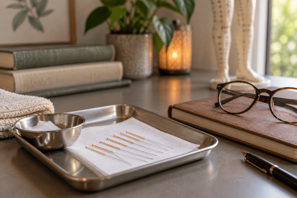 Fine acupuncture needles on a clean tray beside a journal and reading glasses.