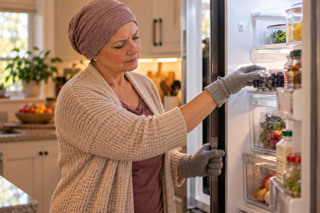 Woman wearing soft gloves while reaching into a refrigerator in a warm kitchen.