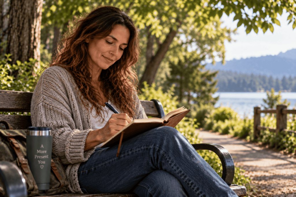 Person writing in a journal on a park bench under a tree in soft dappled daylight.