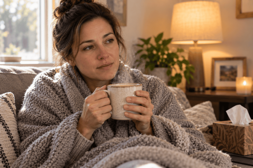Person at the first sign of a cold holding a warm mug, comforted and wrapped in a soft layer at home.