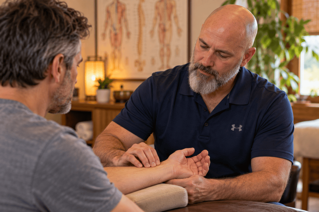 Acupuncturist taking a patient's pulse at the wrist in a warm, calm treatment room.