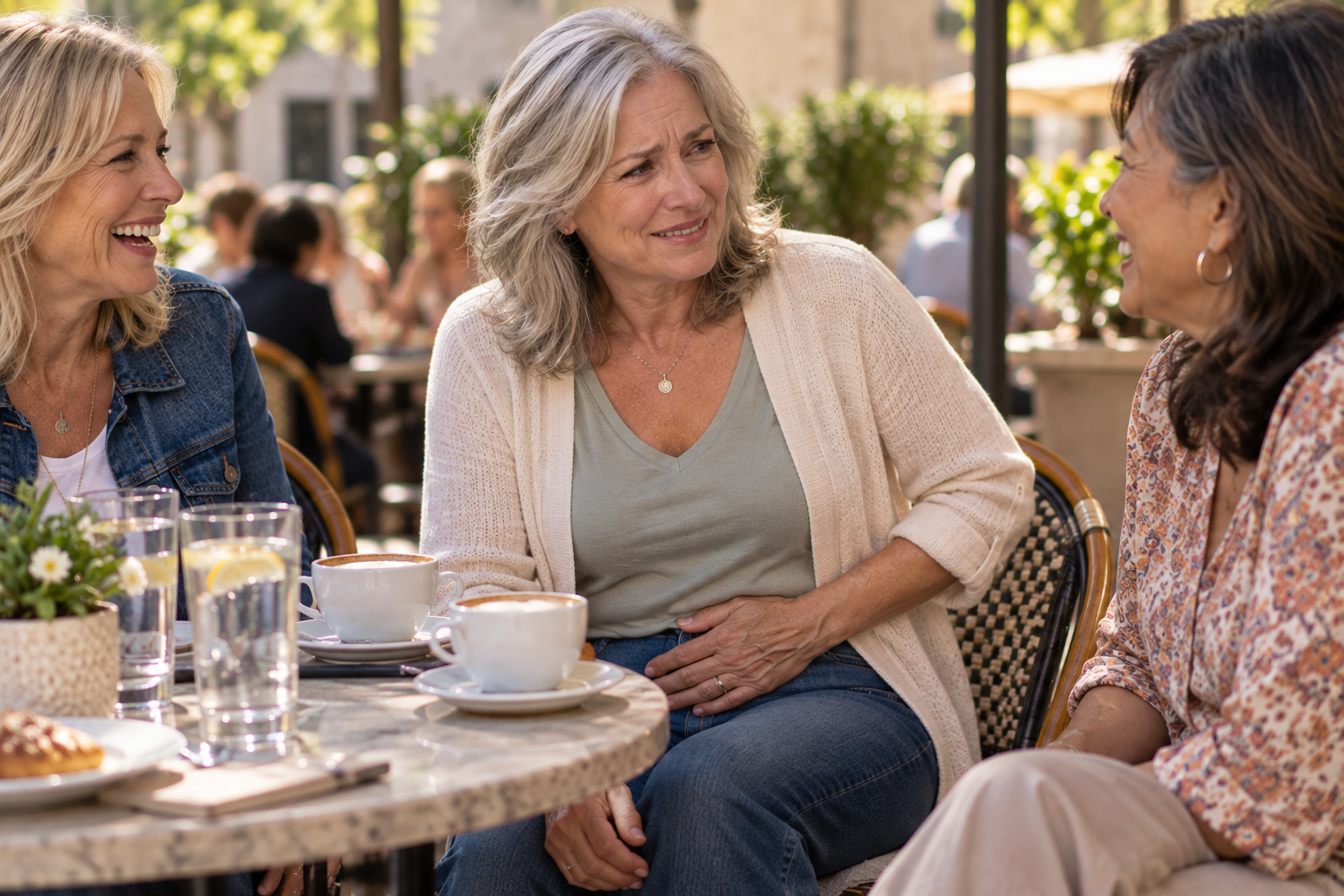 Woman laughing with friends at a café, a hand drifting self-consciously toward her lower abdomen.