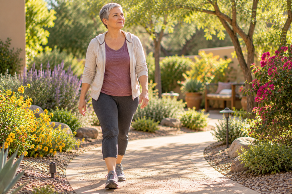 Woman with short regrowing hair walking steadily on a sunny garden path, hands relaxed, hopeful.
