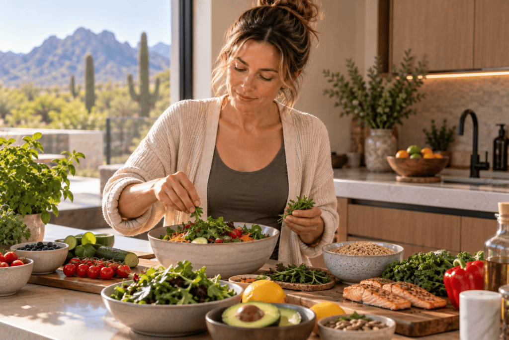 Woman preparing a colorful whole-food meal after making personalized dietary changes.