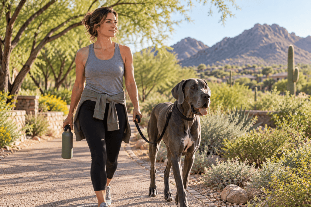 Woman taking a relaxed morning walk as part of a healthier lifestyle supporting recovery and inflammatory balance.