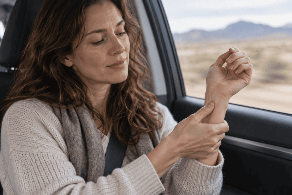 Person pressing the inner wrist point with the opposite thumb to ease motion sickness while traveling.