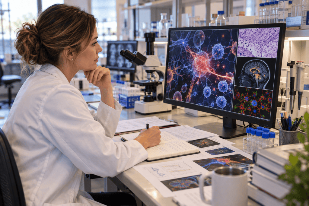 Medical researcher reviewing scientific research into acupuncture, inflammatory signaling and pain.