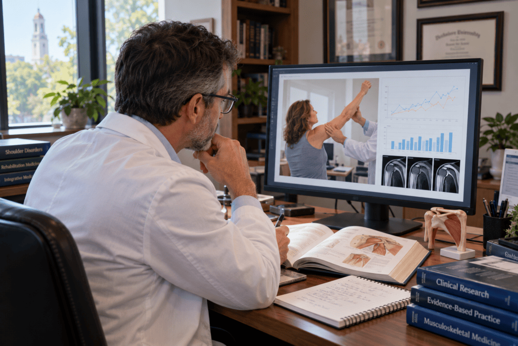 Researcher reviewing clinical evidence involving acupuncture and shoulder mobility.
