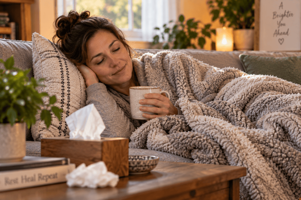 Person resting on a couch under a blanket with a warm drink and tissues, recovering from a cold.