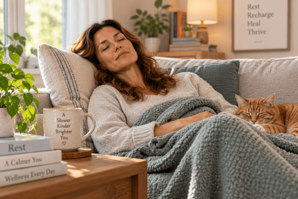 Person resting calmly and comfortably at home with eyes closed, unwinding to help manage vertigo.