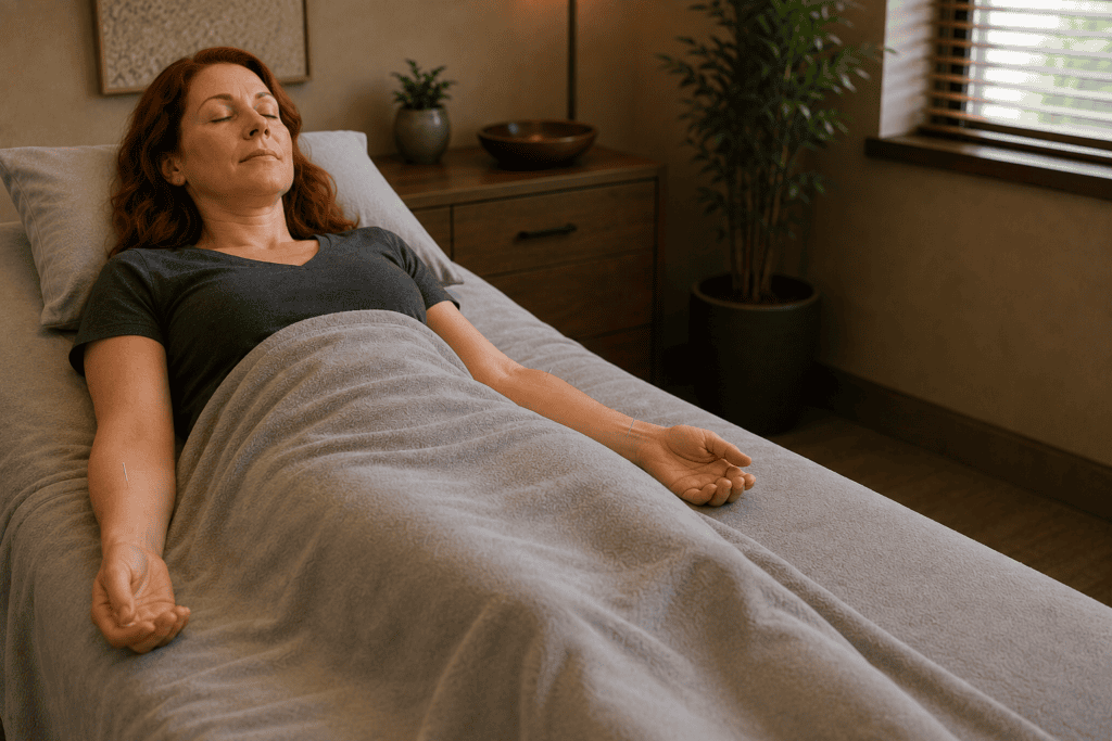 Woman resting quietly with acupuncture needles in place during her first treatment.