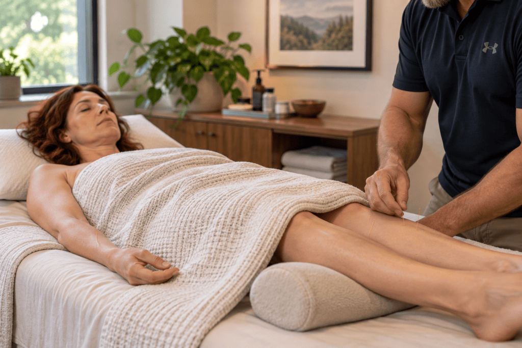 Patient receiving an individualized acupuncture treatment intended to address patterns of tension and depletion.