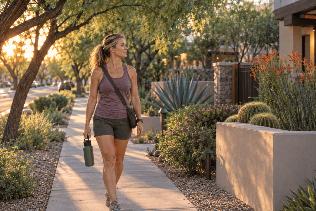 Woman walking peacefully through Phoenix after spending quiet time alone meditating.