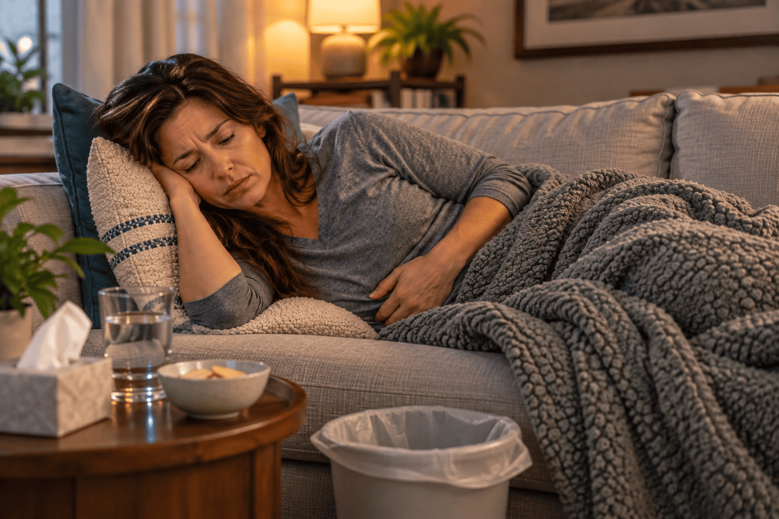 Person curled on a couch under a blanket looking pale and unwell with a hand on the stomach.