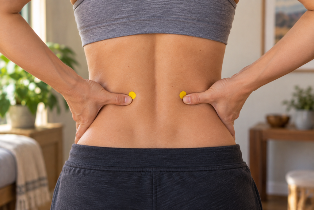 Close-up of a lower back with yellow dot markers two finger-widths to each side of the spine at waist level, indicating BL23.