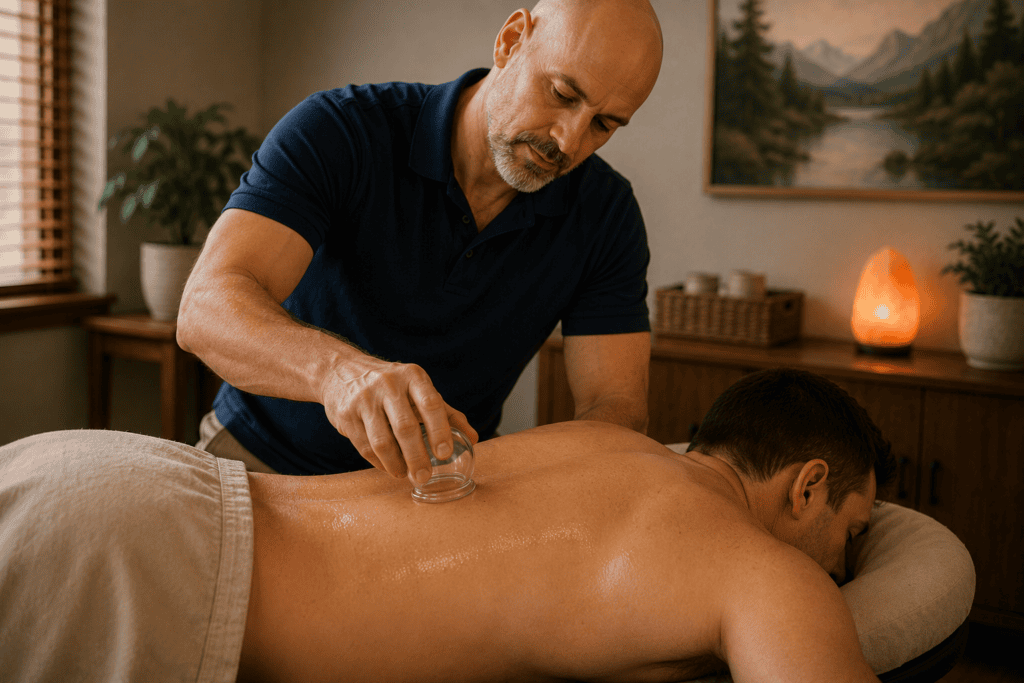 Acupuncturist performing running cupping with a glass cup along a man’s back.