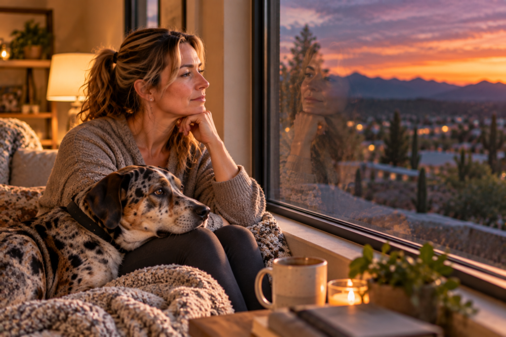 Person looking thoughtfully at their reflection in a window at dusk.
