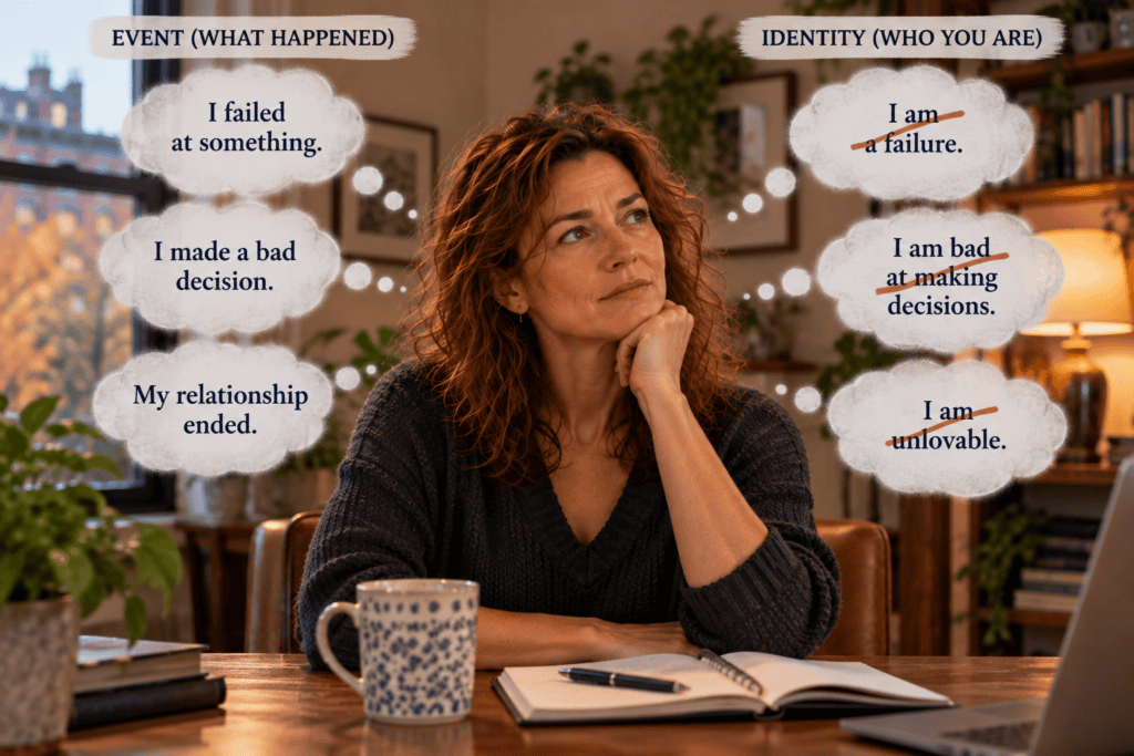 Woman reflecting on the difference between experiencing a failure or bad decision and defining herself by it.