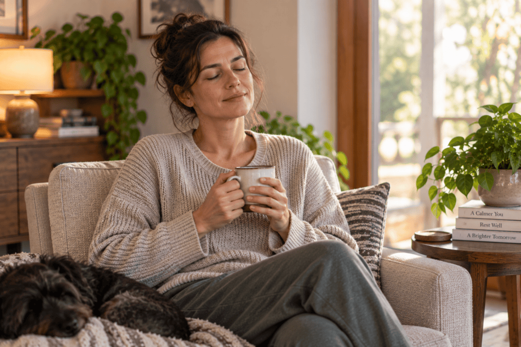 Person sitting calm, settled, and at ease with a peaceful expression, no longer restless.