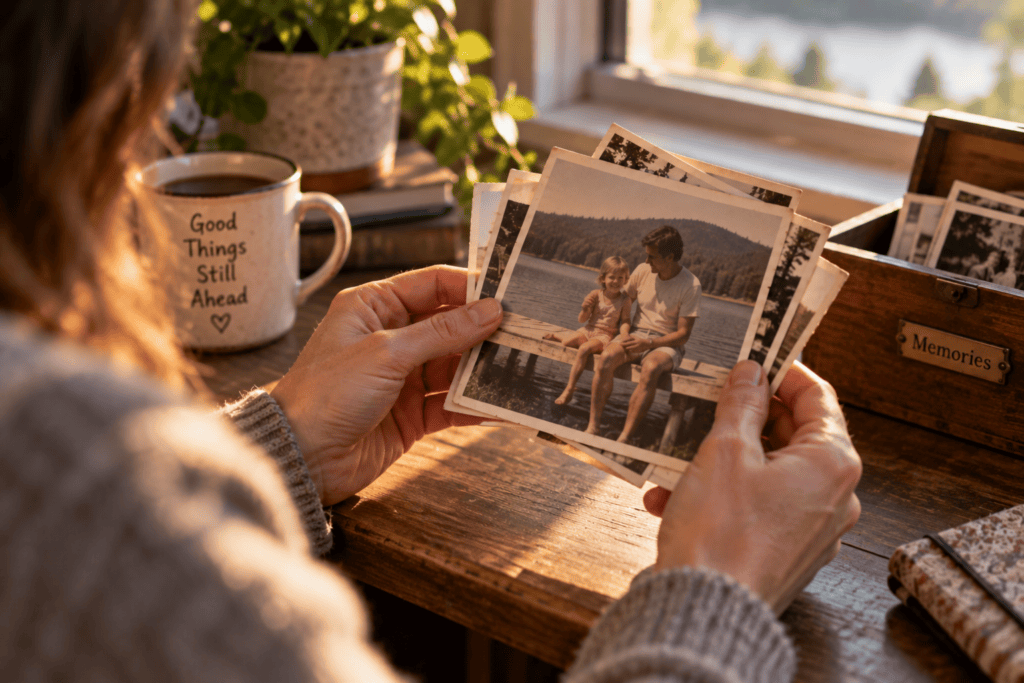 Hands holding a small stack of old printed photographs in warm window light.