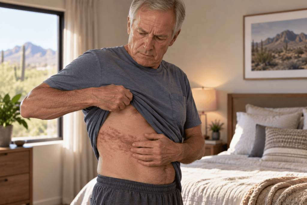 Older man experiencing lingering nerve sensitivity along the area of a previous shingles outbreak.
