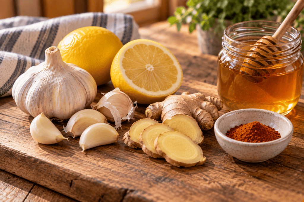 Fresh ginger slices and cayenne beside garlic, lemon, and honey, additions to the tea.