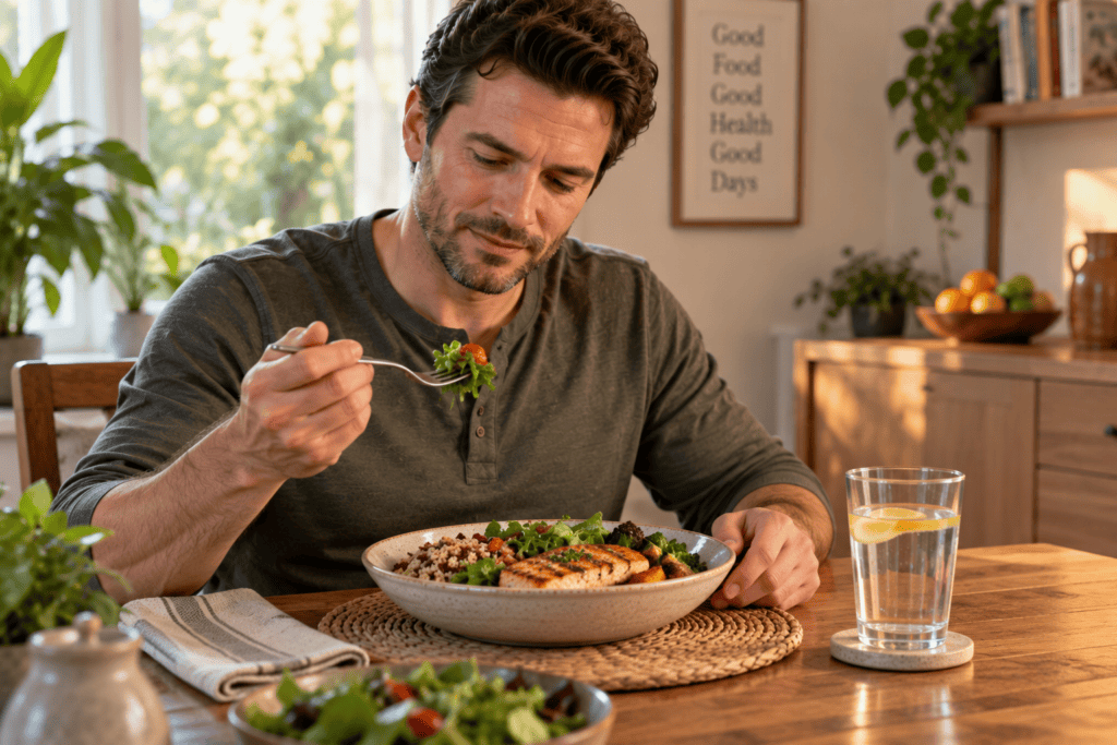 Person eating a meal slowly and calmly at a table, unhurried, to reduce swallowed air and bloating.