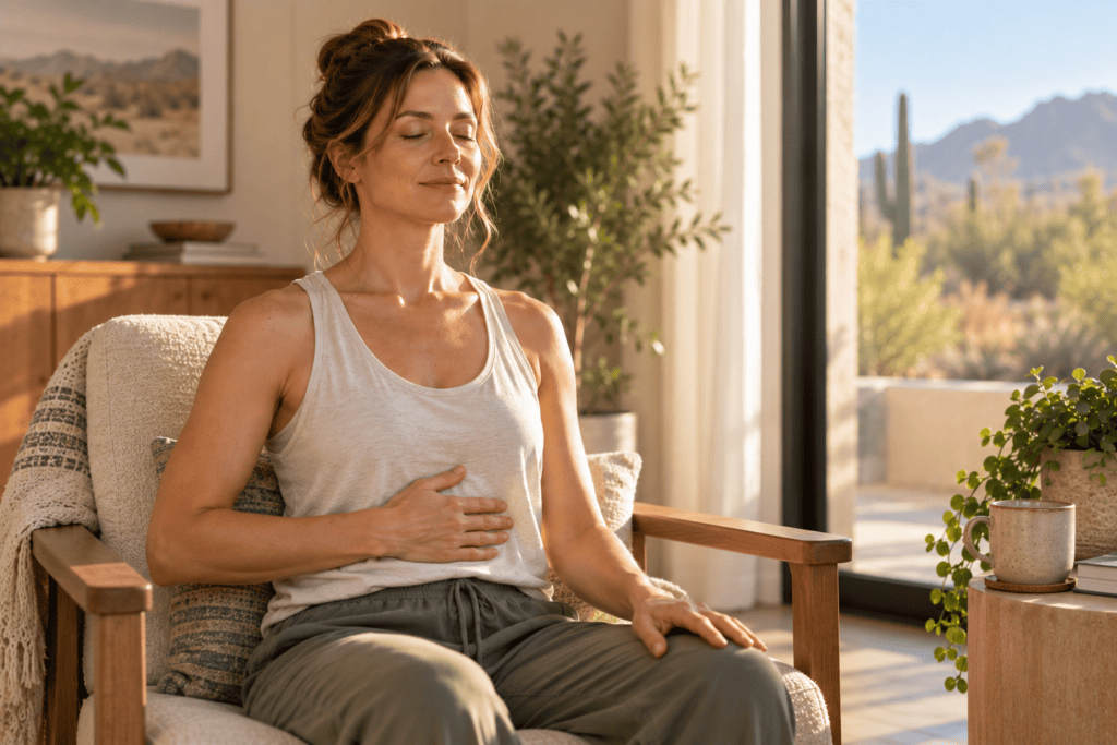 Woman breathing slowly and relaxing her body during meditation.