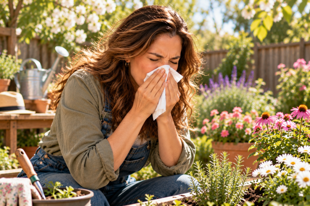 Woman sneezing into a tissue while tending flowers in her backyard garden on a sunny spring day.