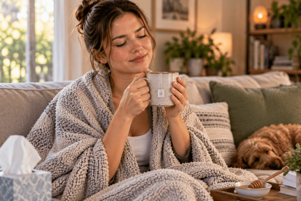 Person sipping a warm mug of tea looking comfortable and relieved, their sore throat soothed.