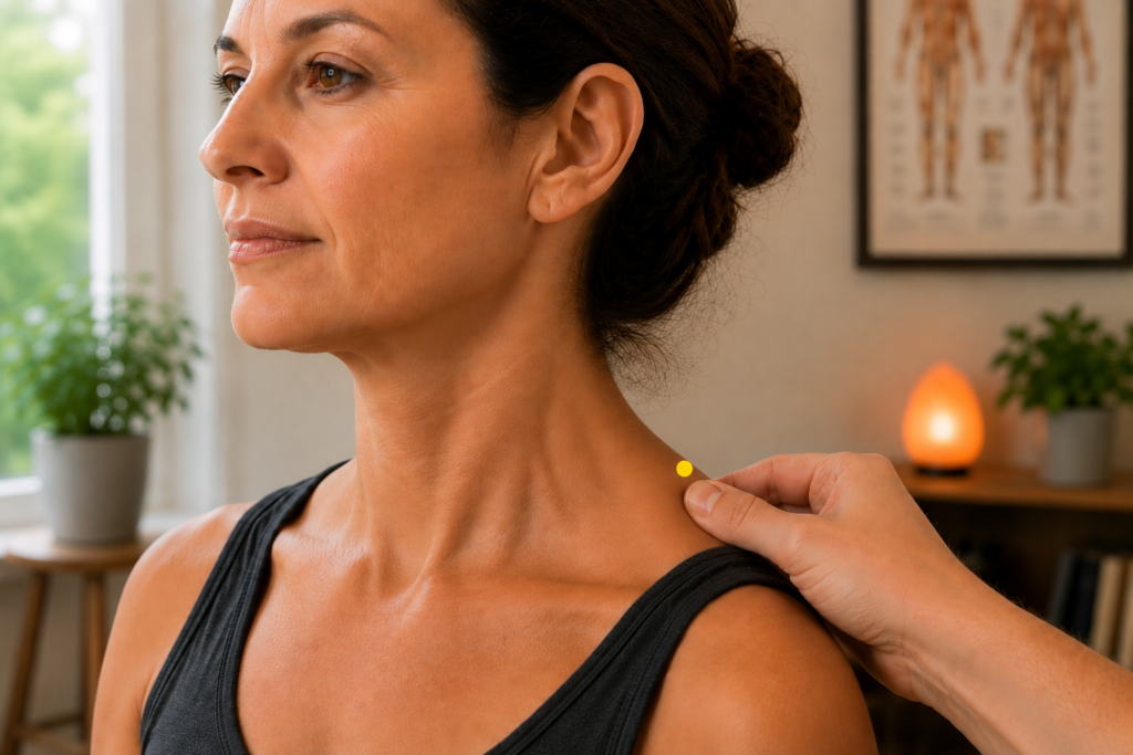 Close-up of a shoulder with a yellow dot marker at the highest point of the shoulder on the muscle ridge, indicating GB21.