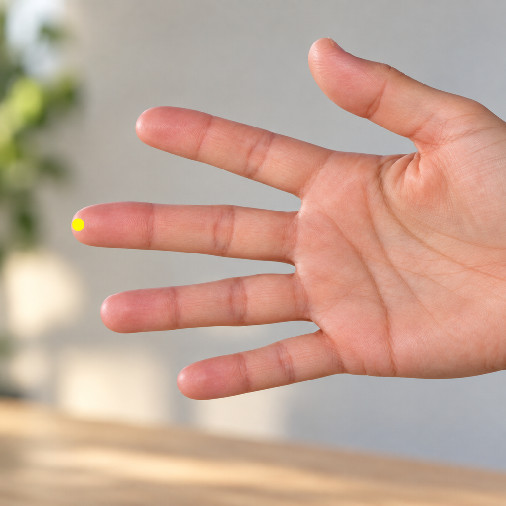 Close-up of a hand with a yellow dot marker at the center of the tip of the middle finger, indicating PC9.