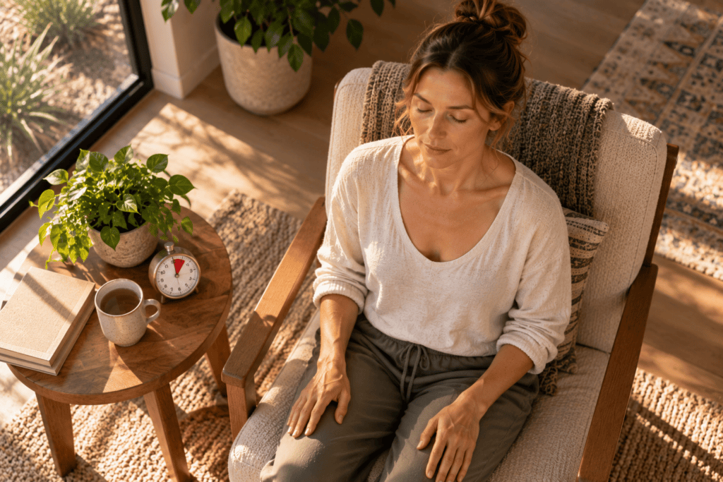 Woman beginning a short five-minute meditation at home.