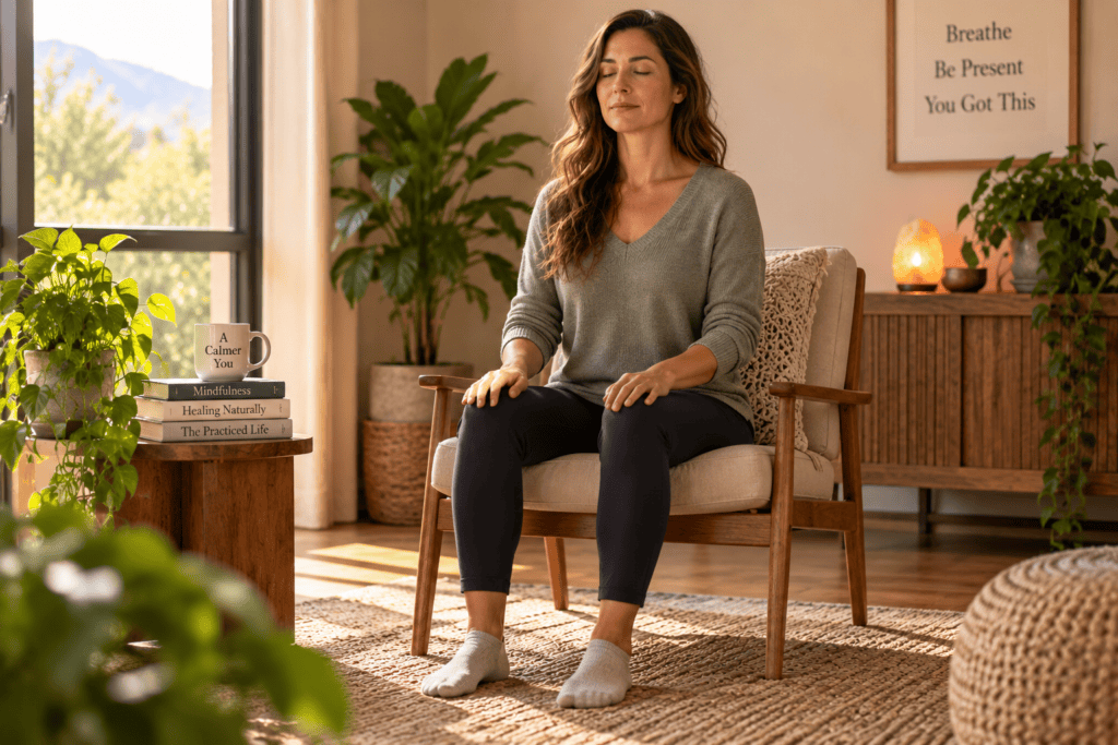 Person settling into a comfortable seated meditation posture on a chair, beginning a session.