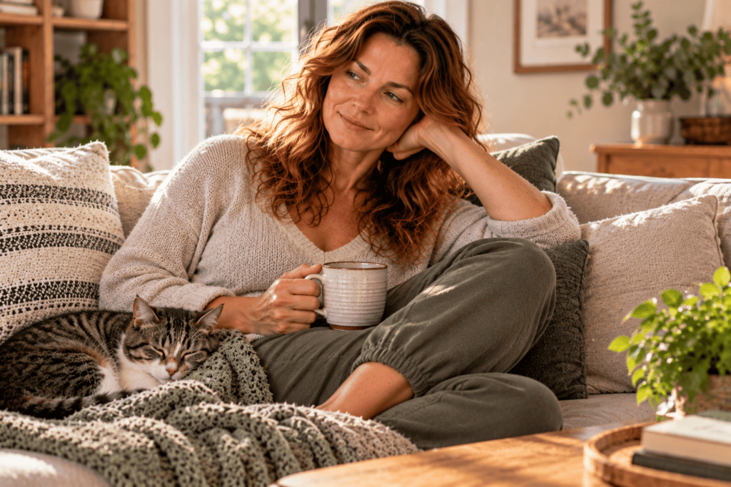 Person relaxed and comfortable on a couch with a calm, relieved expression after their IBS eased.