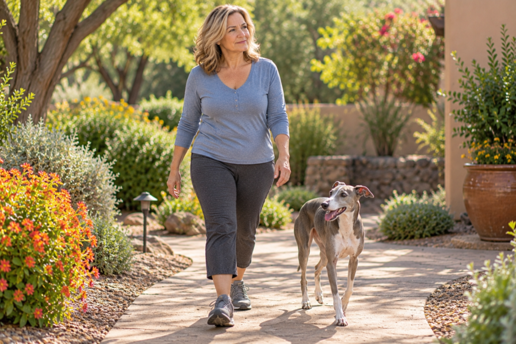 Person walking comfortably along a sunny garden path in supportive shoes, hands relaxed.