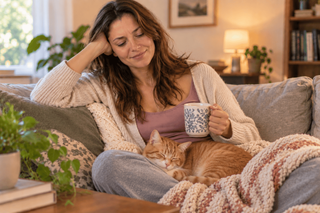Woman looking calm, comfortable, and at ease with a settled expression after her PMS symptoms eased.
